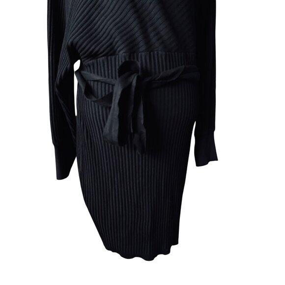 Love Tree Black Ribbed Knit Long Sleeve Mini Wrap Dress With Tie Waist & V-Neck - Picture 3 of 8